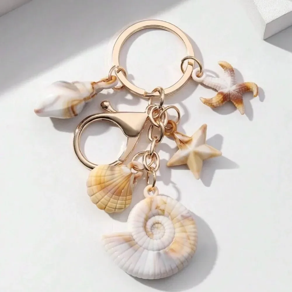 NEW! Seashell Charm Keychain Bag Charm - Khaki Tan Coastal & Cream